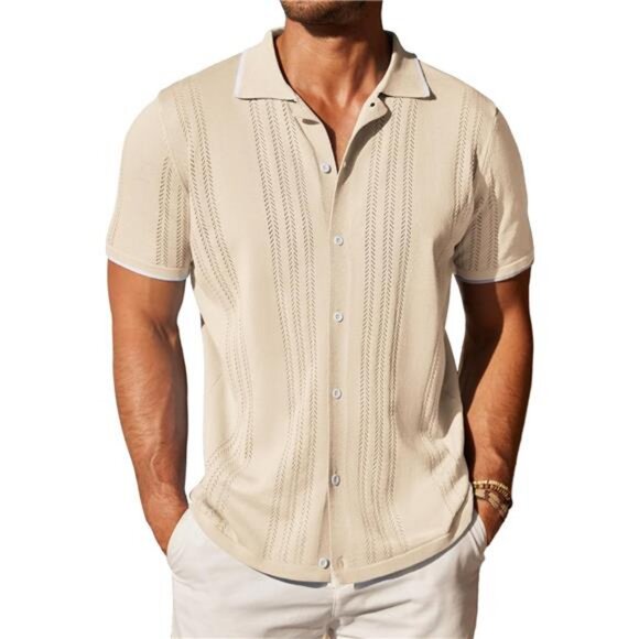 Men's Knit Button Down Shirt Vintage Short Sleeve Polo Shirts Casual - Picture 1 of 7